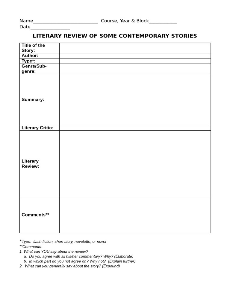 Contemporary Story Literary Review Template | PDF