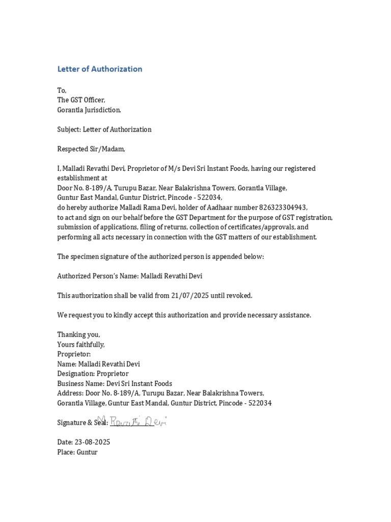 GST Authorization Letter Template | PDF