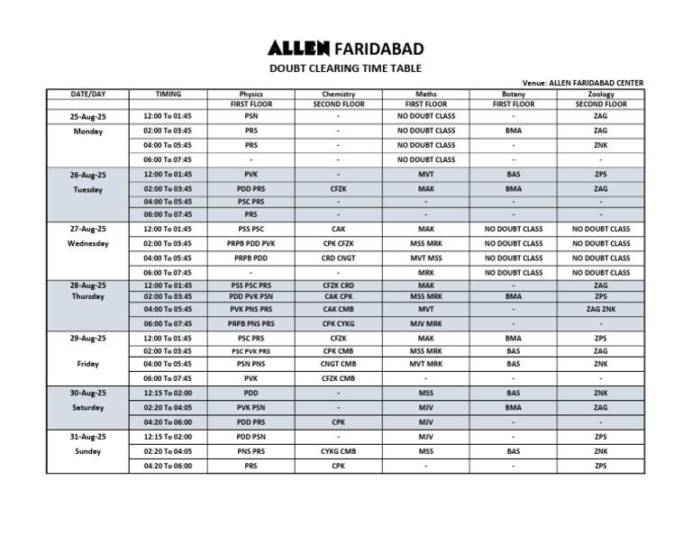 Doubt Clearing Time Table 25 Aug To 31 Aug' 2025 | PDF
