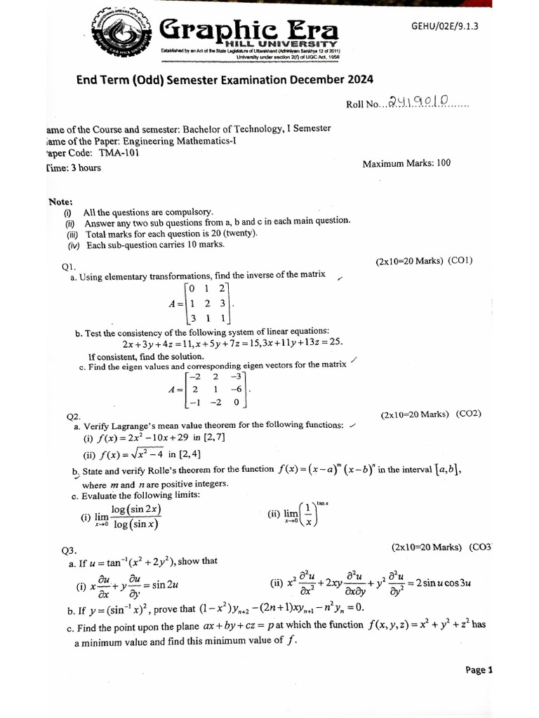Tma101 Endsem 2024 Dec 26 | PDF