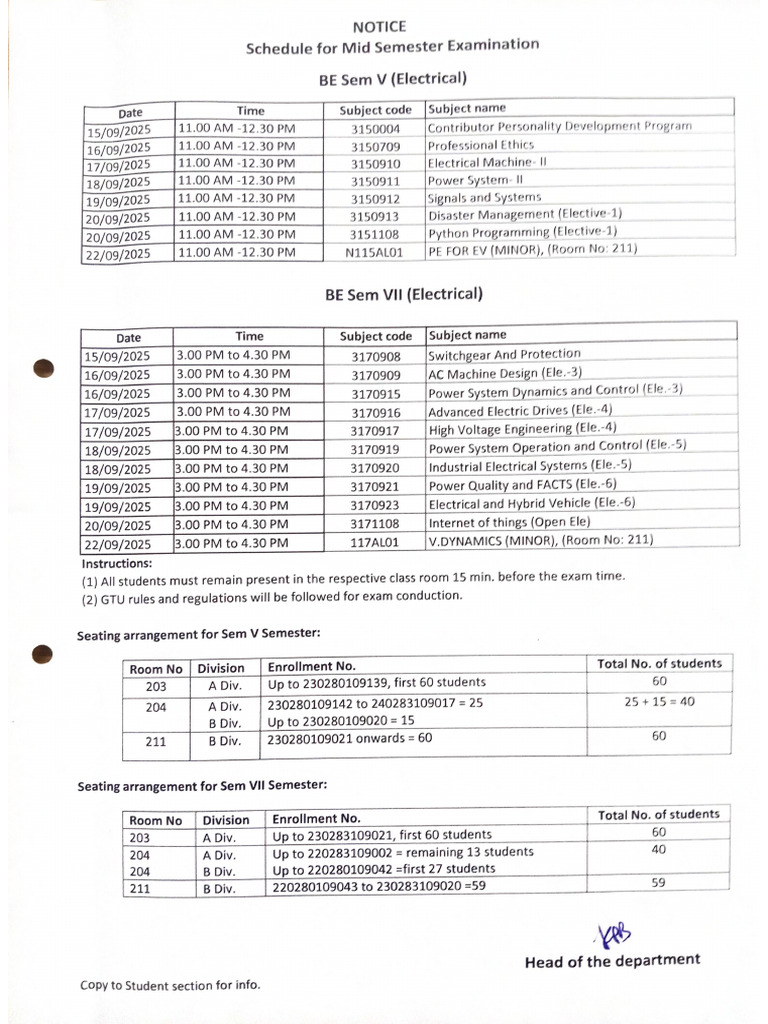 Schedule of Midsem Exam, BE Sem. V, VII - Sept 2025 | PDF