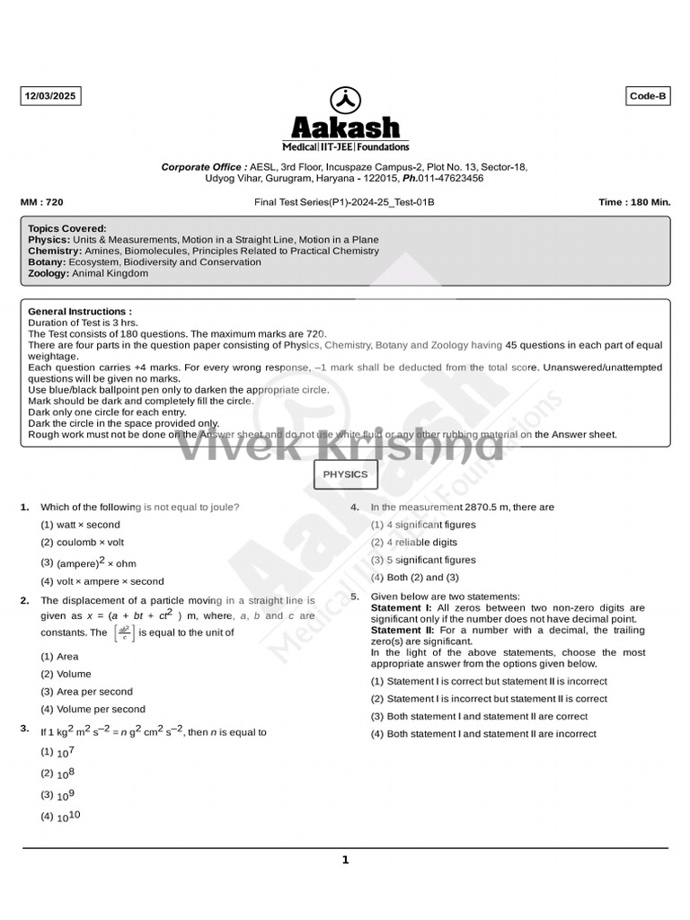 FTS 01code B Phase 1question Paper | PDF