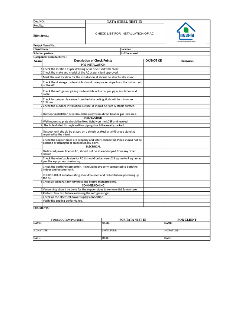 AC and Geyser Installation Checklist | PDF | Electricity | Mechanical ...