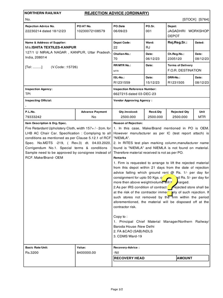 Ishita Textiles Kanpur Jagadhri Rejection Advice Fire Retardant ...