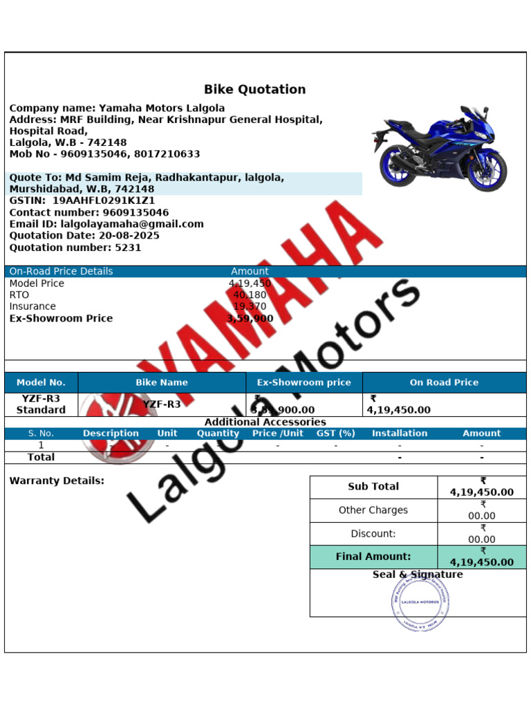 Yamaha Bike Quotation Sample | PDF