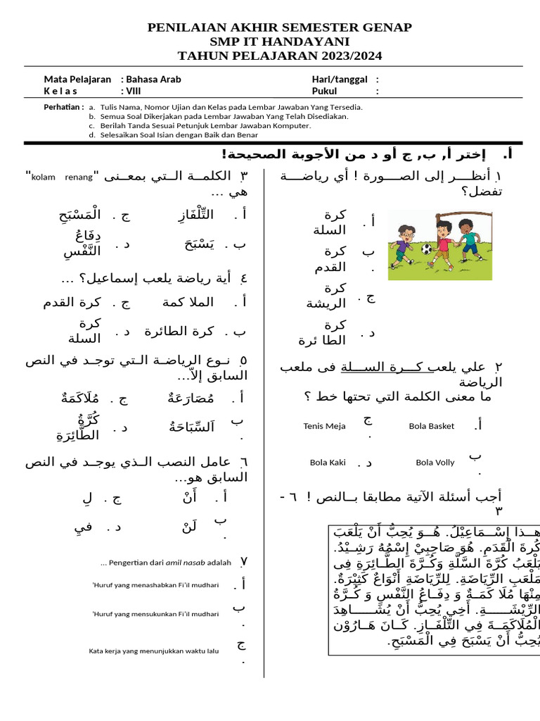 Soal Bahasa Arab Kelas Viii Ujian Semester Genap | PDF