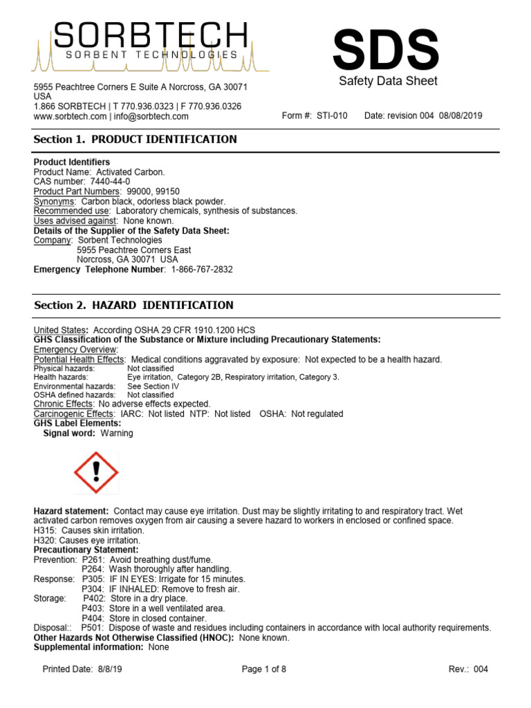 Activated Carbon Safety Data Sheet | PDF | Dangerous Goods | Firefighting