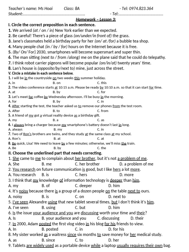 Preposition Homework for Class 8A | PDF