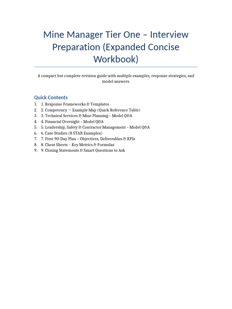 Mine Manager Interview Prep Workbook | PDF | Risk
