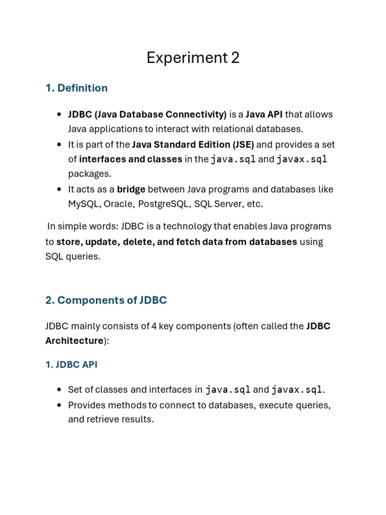JDBC Overview and Workflow Guide | PDF | Databases | Sql