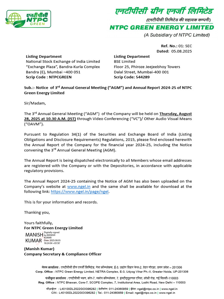 NTPC Green Energy AGM Notice 2024-25 | PDF | Audit | Board Of Directors