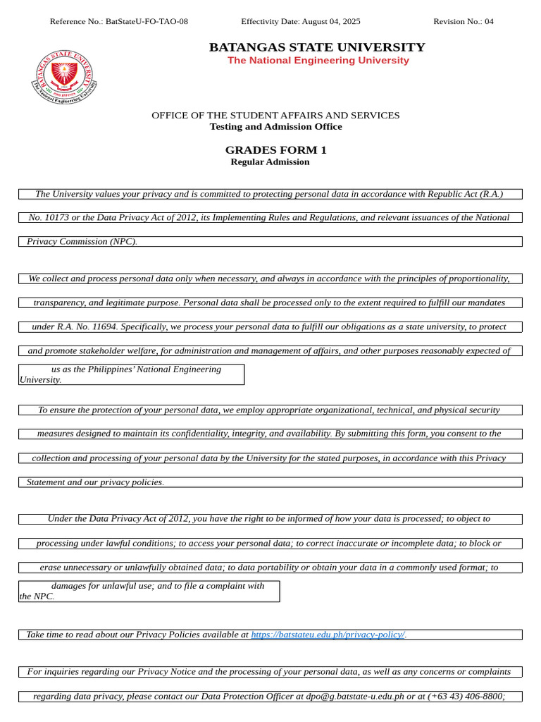 Grades Form 1 for BatStateU Admission | PDF | Privacy | Information Privacy