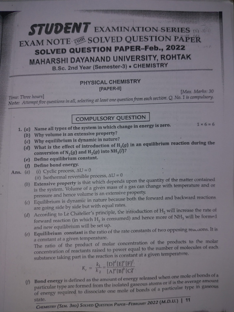 B.Sc. Chemistry Sem 3 Exam Paper 2022 | PDF | Gases | Chemical Equilibrium