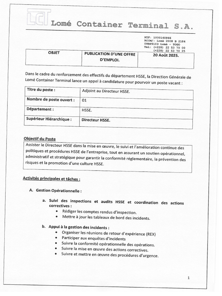 Offre Adjoint Au Directeur HSSE | PDF