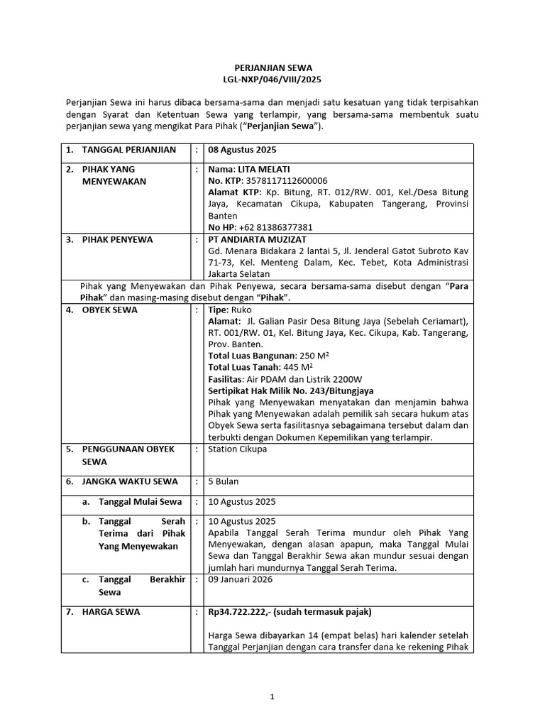 Perjanjian Sewa Ruko Cikupa 2025 | PDF