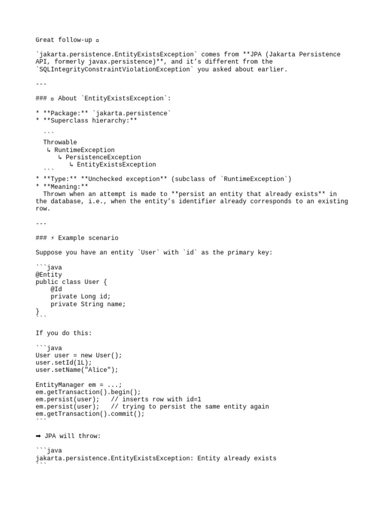 Understanding EntityExistsException in JPA | PDF