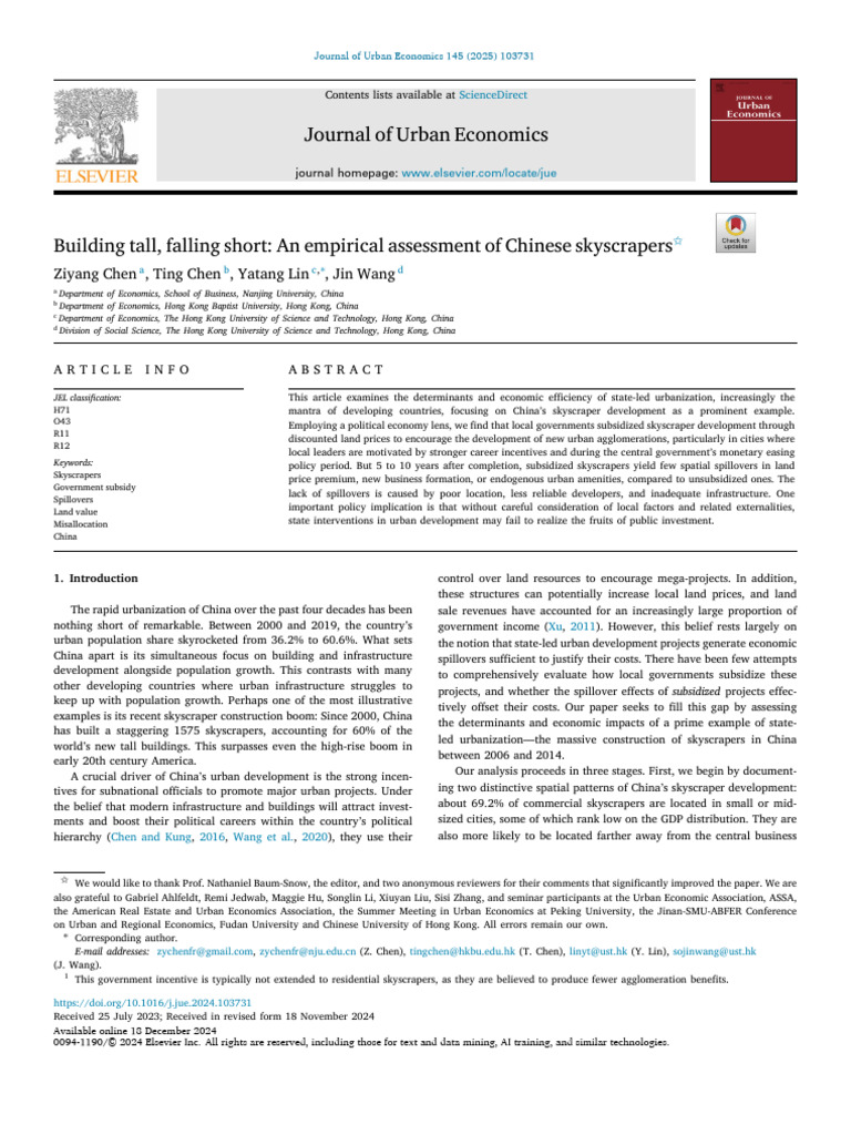 Chen Et Al - Building Tall Falling Short | PDF | Subsidy | City