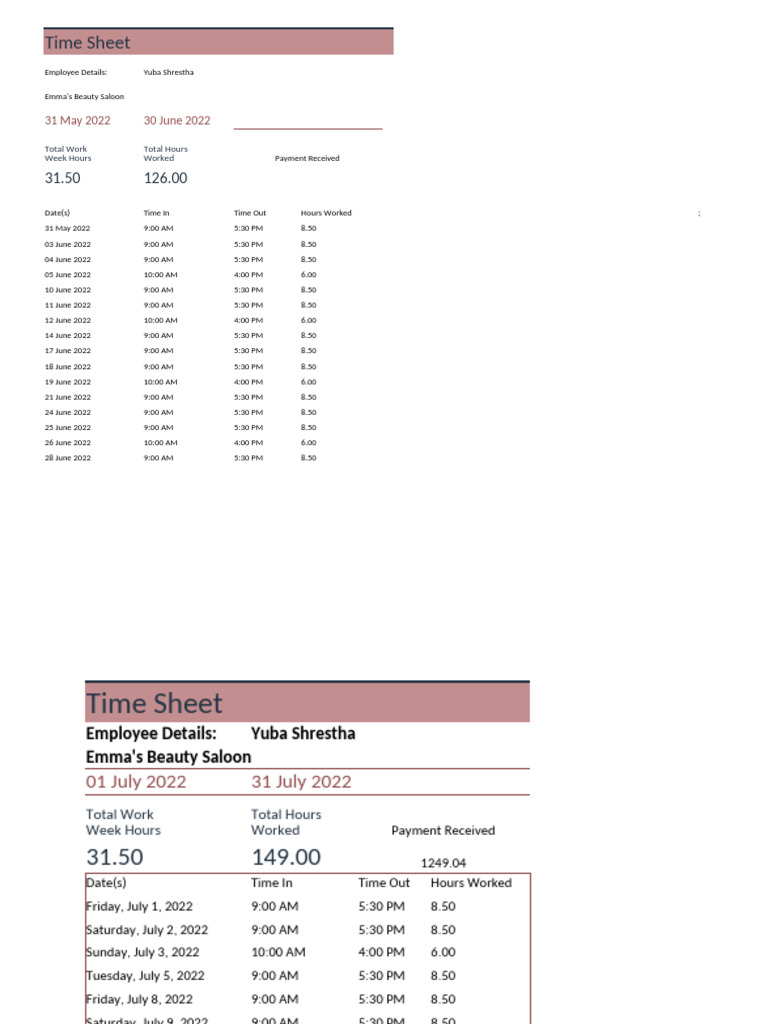Yuba Shrestha's Time Sheet Records | PDF