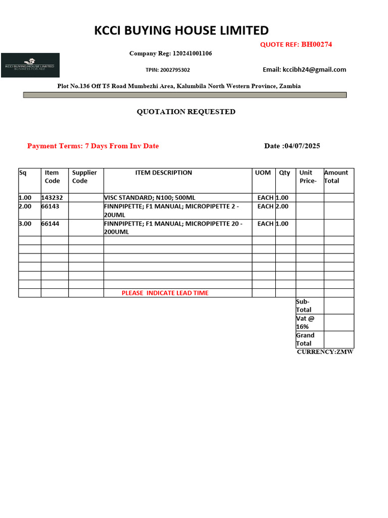 KCCI Quotation Request for Lab Supplies | PDF
