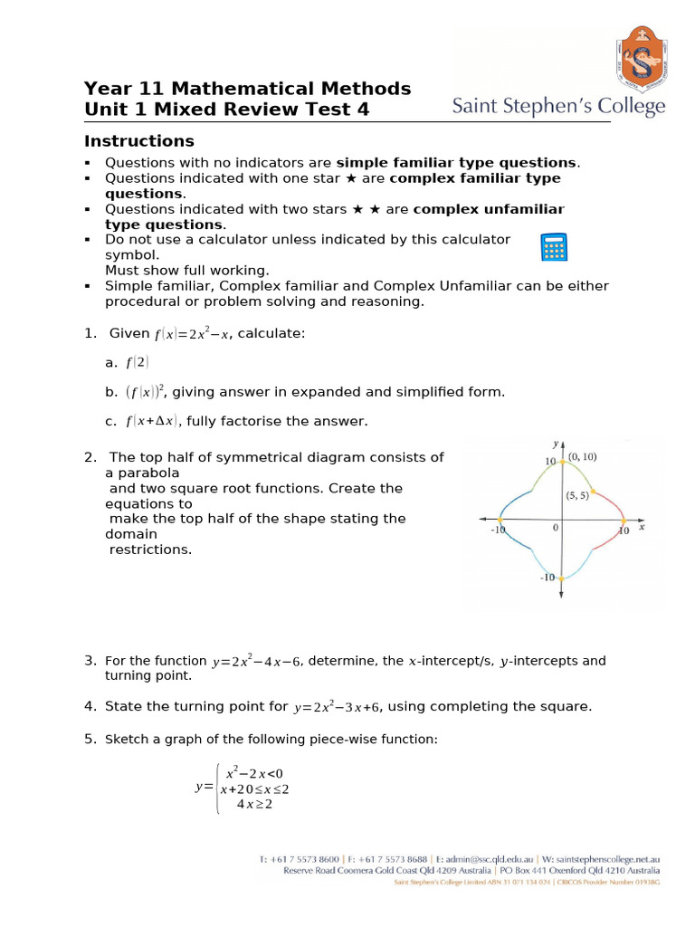 Year 11 Math Methods Review Test 4 | PDF | Function (Mathematics ...