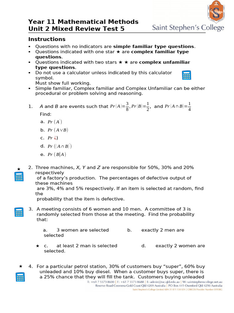 Year 11 Math Methods Unit 2 Review Test | PDF | Area | Mathematics