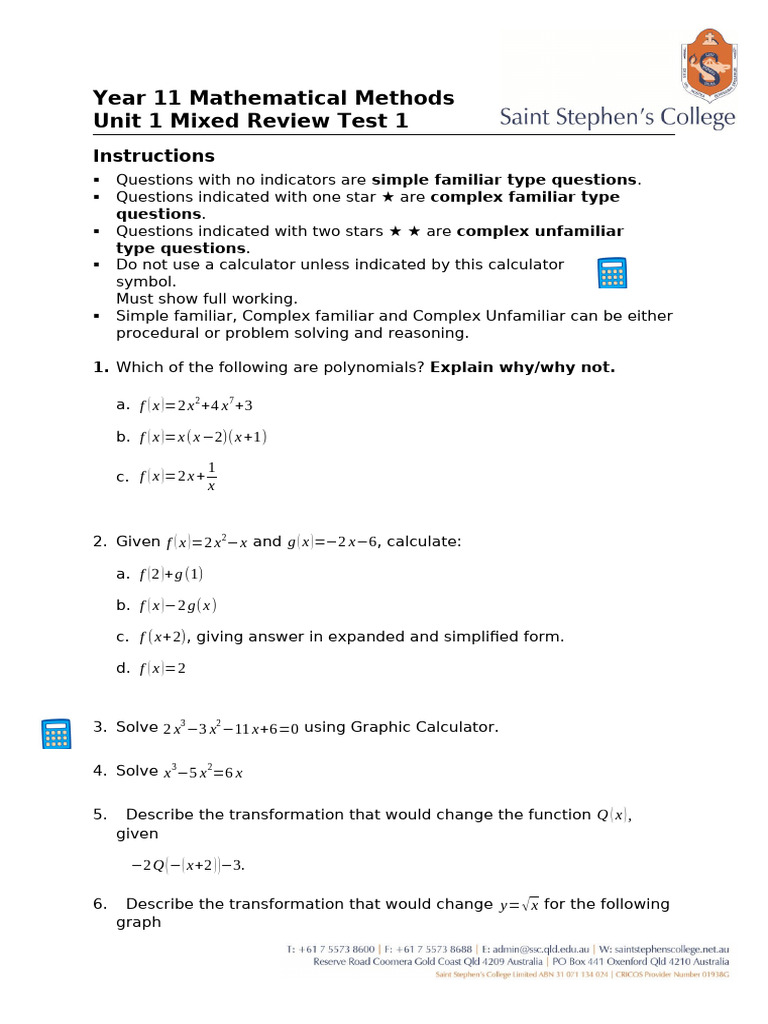 Year 11 Math Methods Unit 1 Review Test | PDF | Mathematical Objects ...