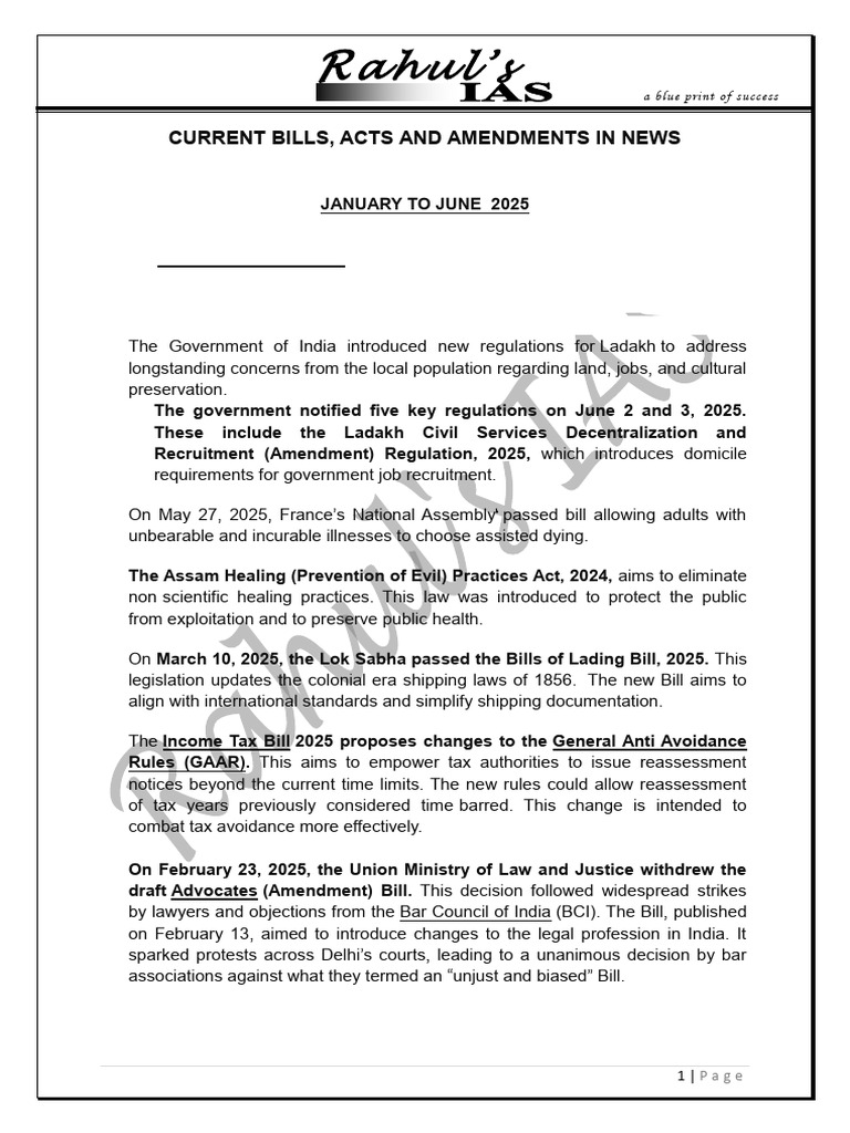 Current Legislative Updates 2025 | PDF | Bill (Law) | Government Of India