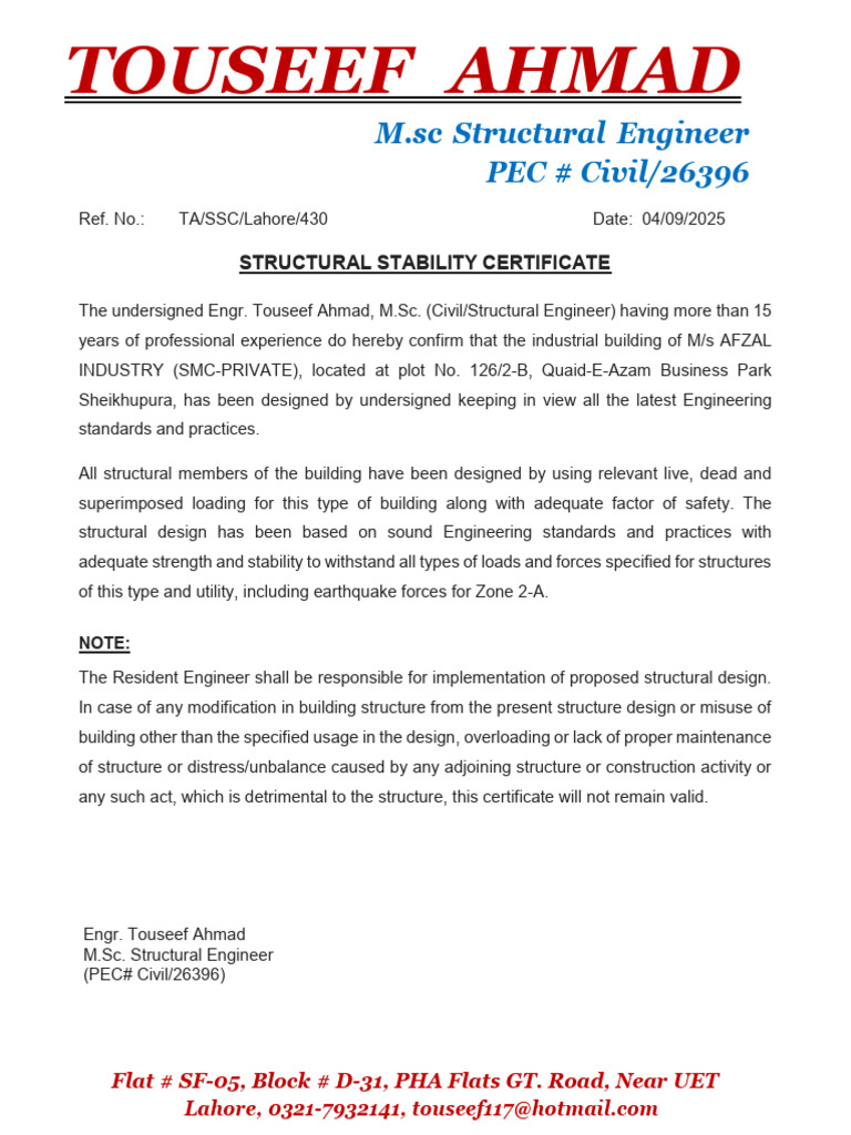 Structural Stability Certificate for AFZAL Industry | PDF