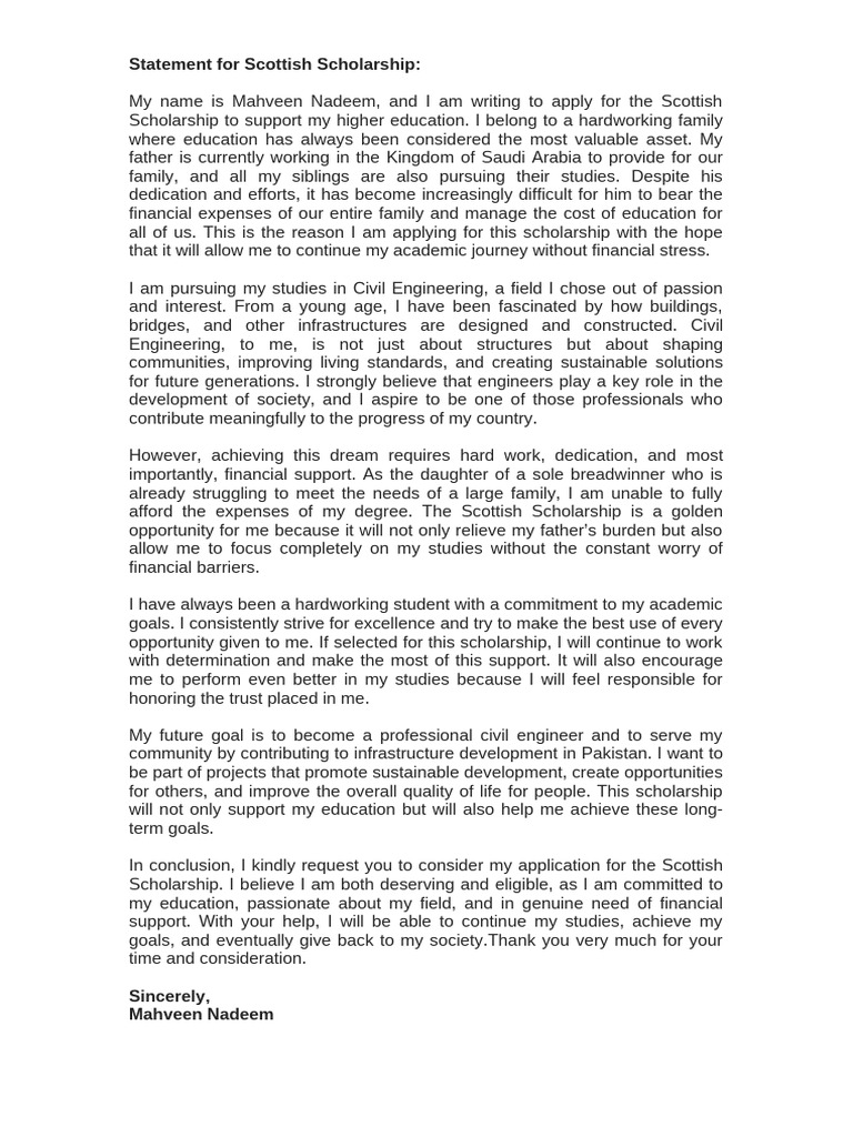 Scottish Scholarship Application by Mahveen Nadeem | PDF