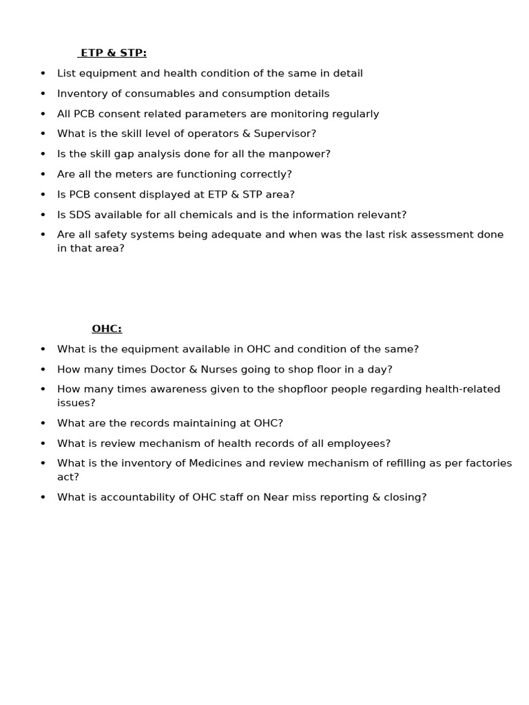 ETP, OHC, and Safety Equipment Assessment | PDF