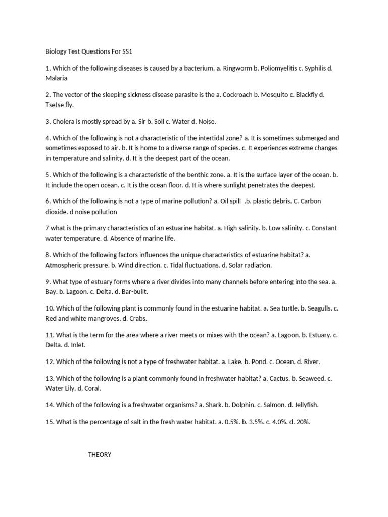 SS1 Biology Test Questions Guide | PDF