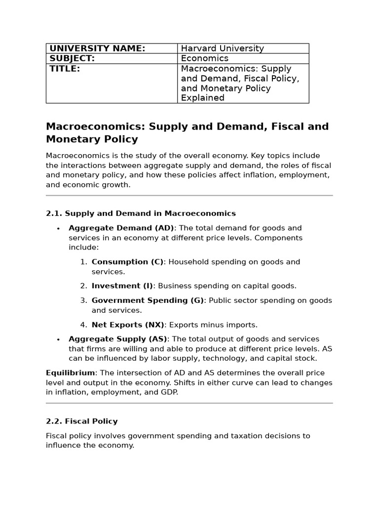 Macroeconomics Supply and Demand, Fiscal Policy, and Monetary Policy ...