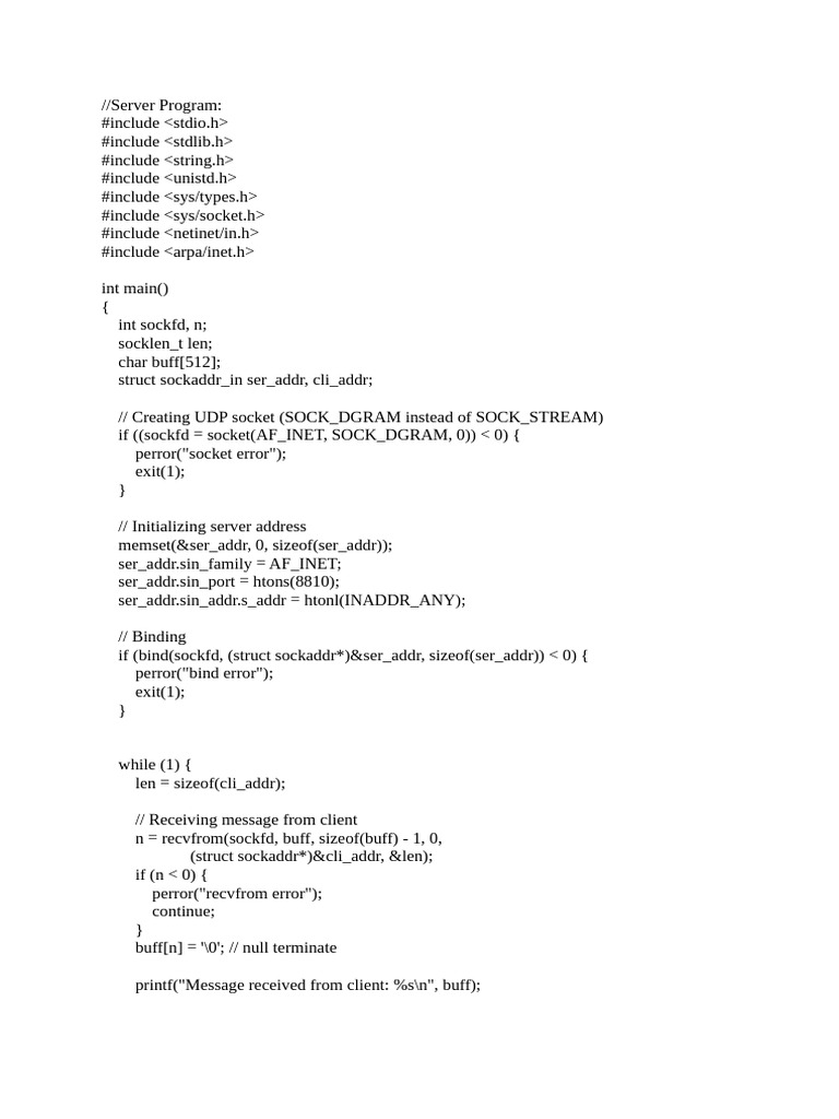 UDP Client-Server Program in C | PDF | Computer Standards | Wide Area ...