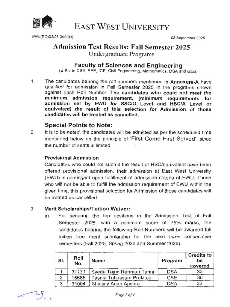 Fall 2025 Admission Test Results | PDF | Student Assessment And ...