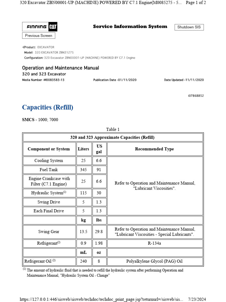 320 Excavator Fluid Capacities Guide | PDF