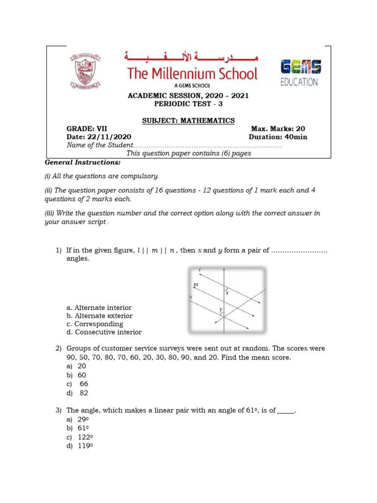 Grade 7 Mathematics Periodic Test 3 | PDF | Geometry | Elementary Geometry