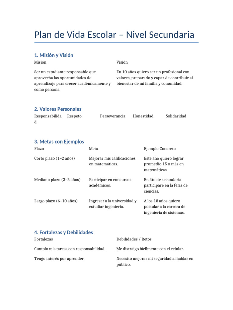 Plan de Vida Escolar para Secundaria | PDF