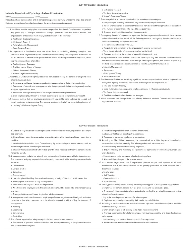 BLEPP 2025 I-O Psychology Test Bank | PDF | Job Satisfaction ...