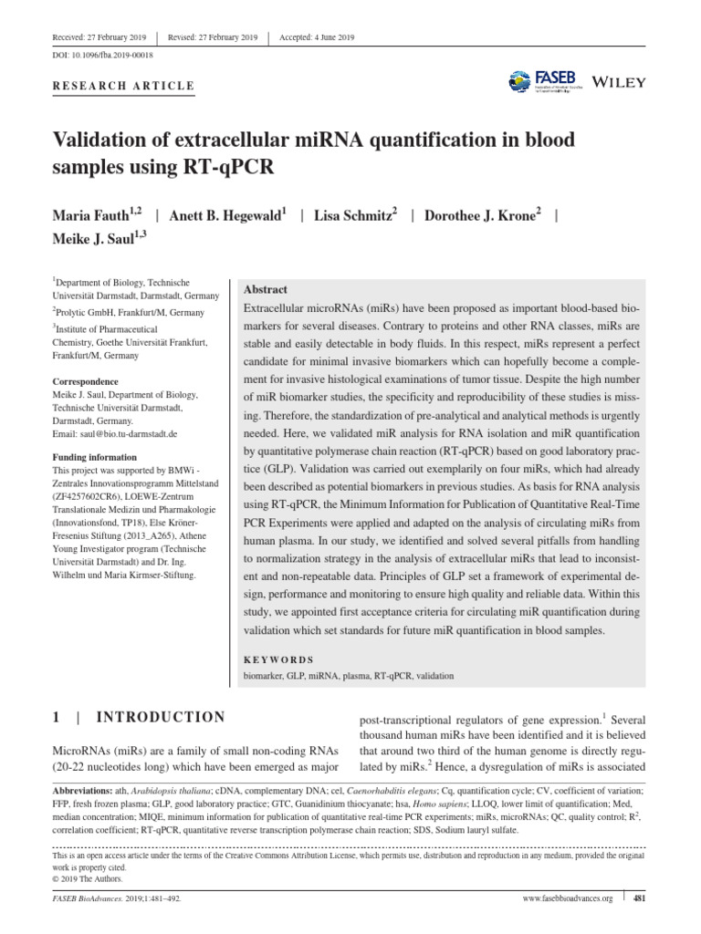 Validation of Extracellular miRNA Quantification in Blood Samples Using ...