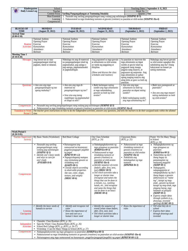 Kindergarten Lesson Plan: Basic Needs | PDF | Question | Teachers