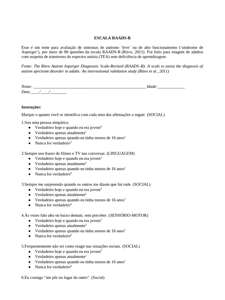 Avaliação RAADS-R para Autismo Adulto | PDF | Síndrome de Asperger ...
