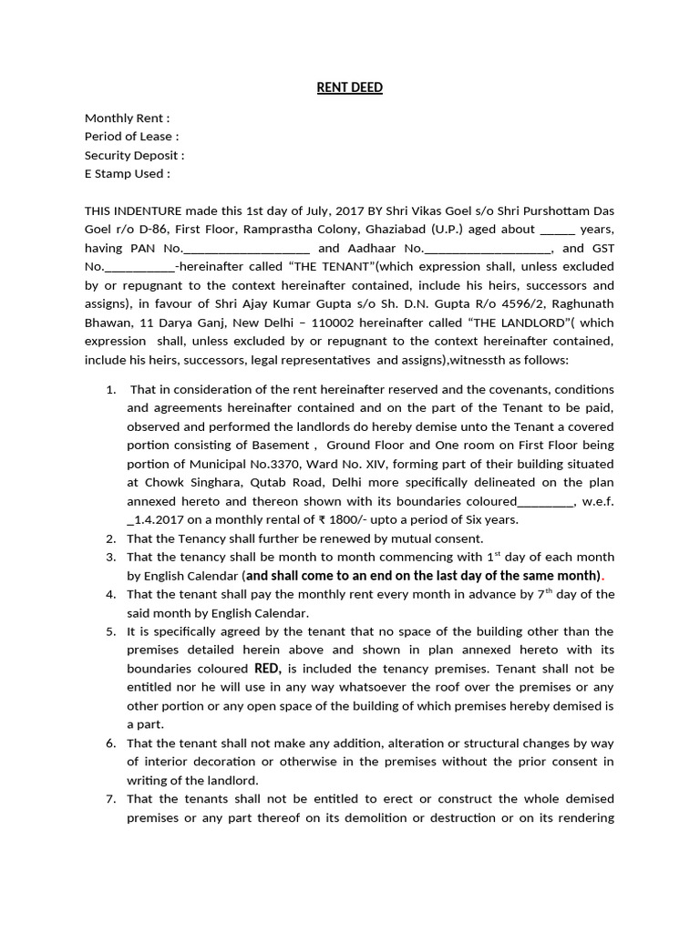 Commercial Rent Deed Agreement | PDF | Leasehold Estate | Lease