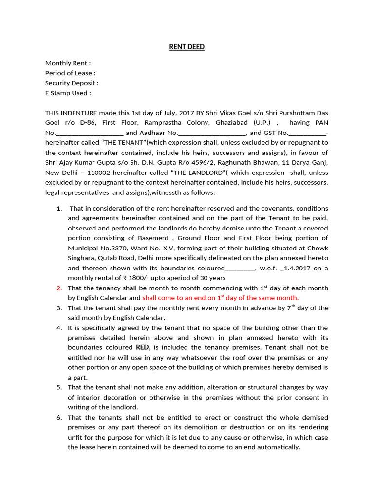 Commercial Rent Deed Agreement Template | PDF | Leasehold Estate | Lease
