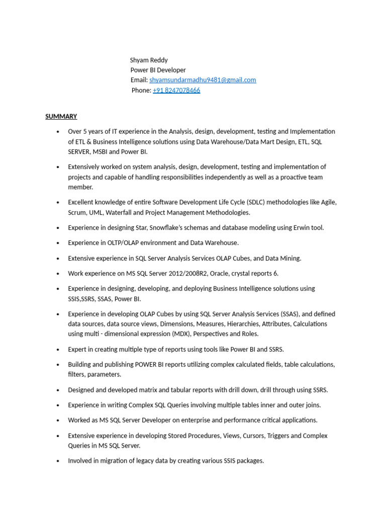 Power BI Developer Resume Summary | PDF | Microsoft Sql Server | Databases