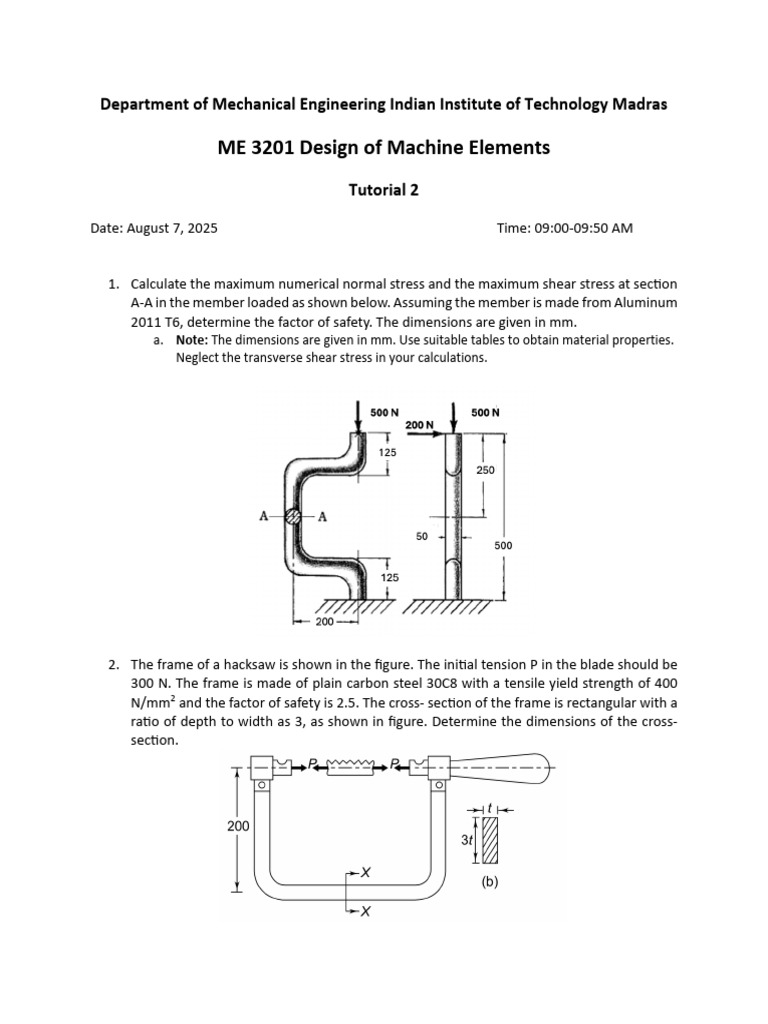 ME 3201 Machine Elements Tutorial 2 | PDF