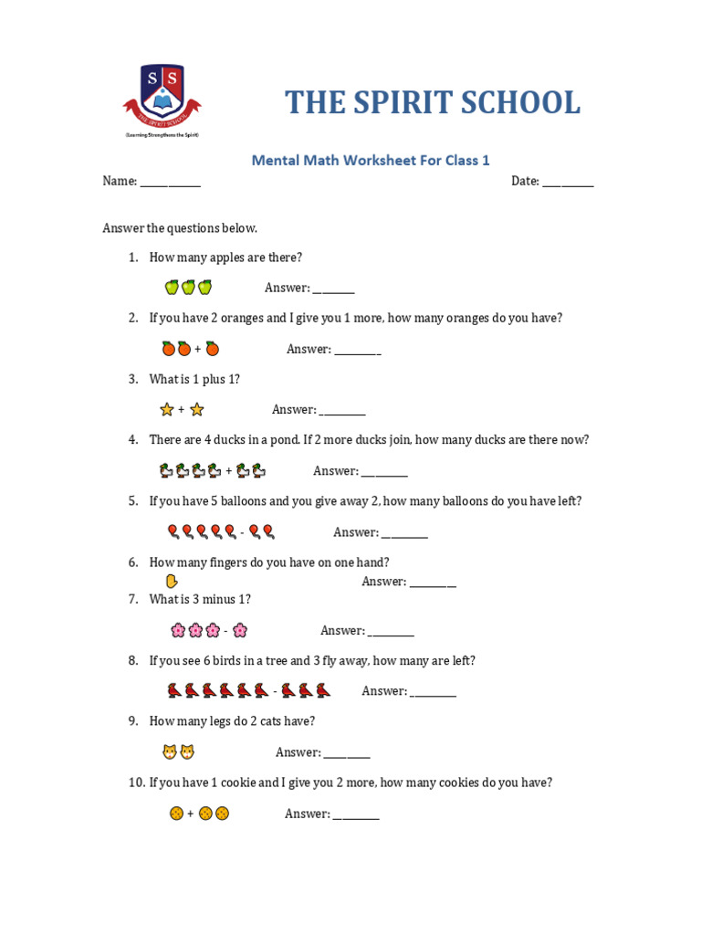 Class 1 Mental Math Worksheet | PDF | Chess Theory | Chess