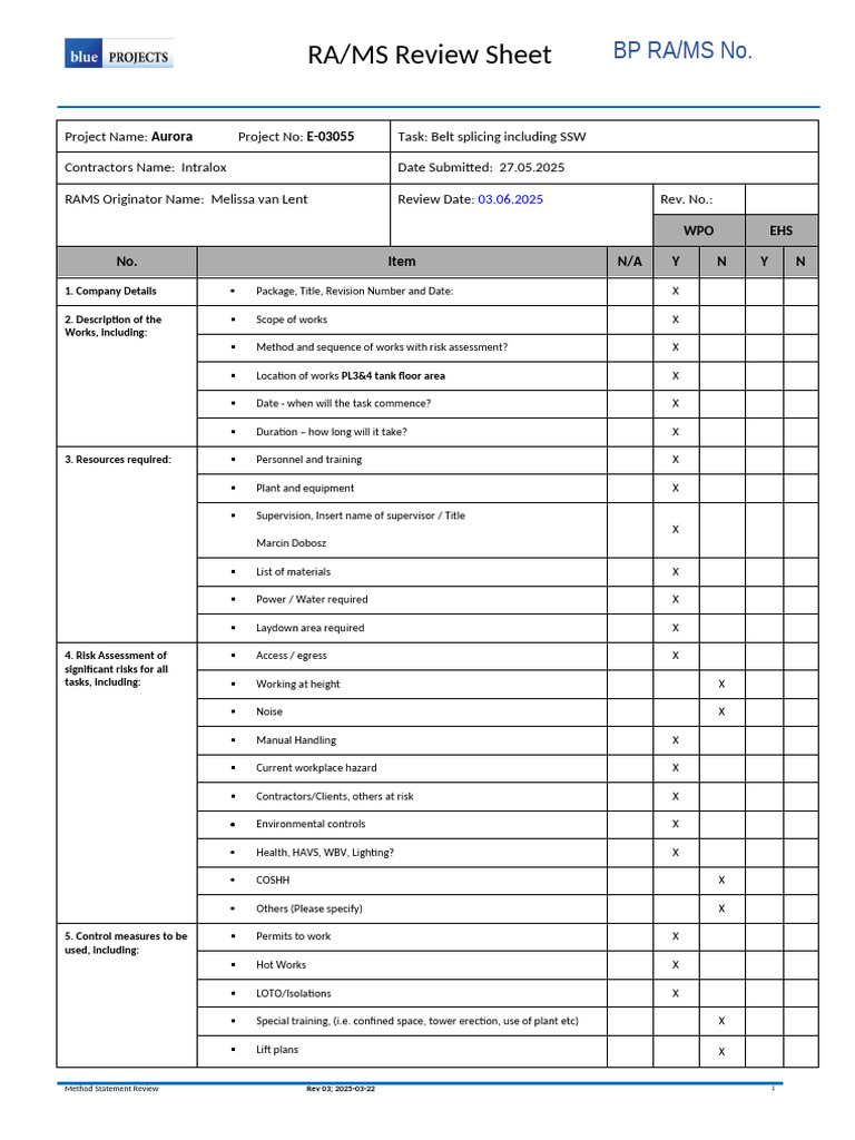 Aurora Belt Splicing RA/MS Review | PDF | Workplace | Working Conditions