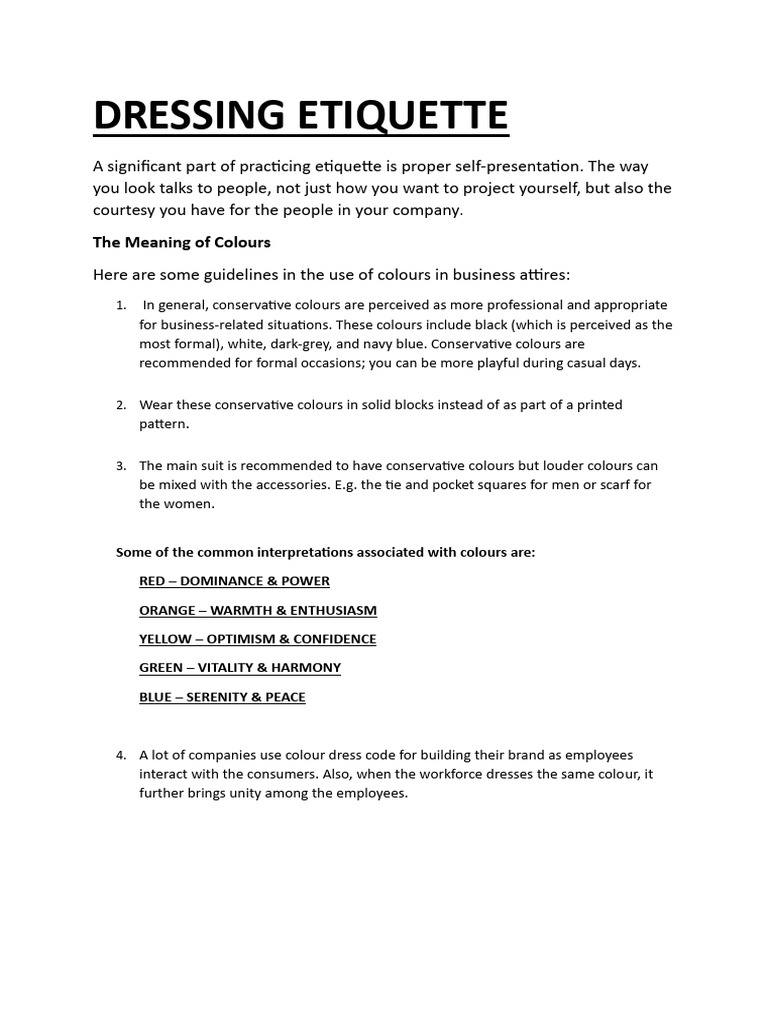 Dressing Etiquette for Professional Settings | PDF | Human Appearance |  Aesthetics