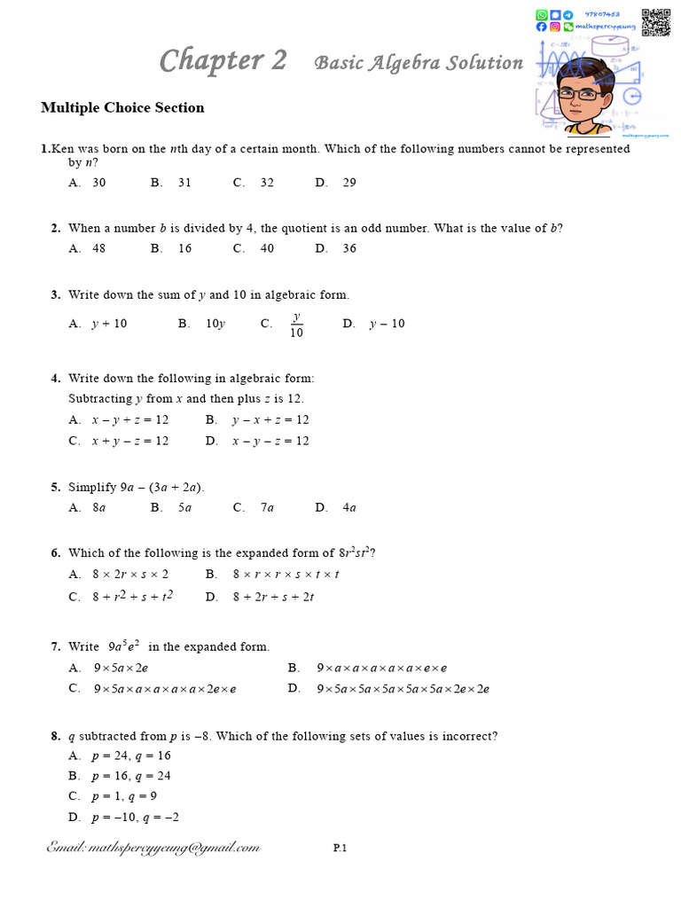 Basic Algebra Multiple Choice Questions | PDF | Area | Mathematics