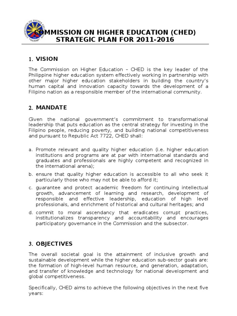 CHED Strategic Plan 2011-2016 Overview | PDF | Economic Development ...